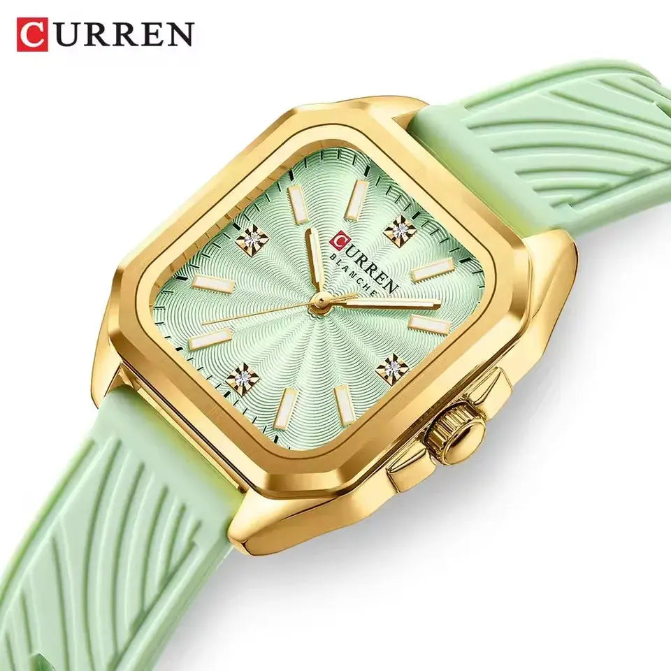 Curren 9113 stylish ladies' quartz watch with gold-tone square case, mint dial, light-green strap