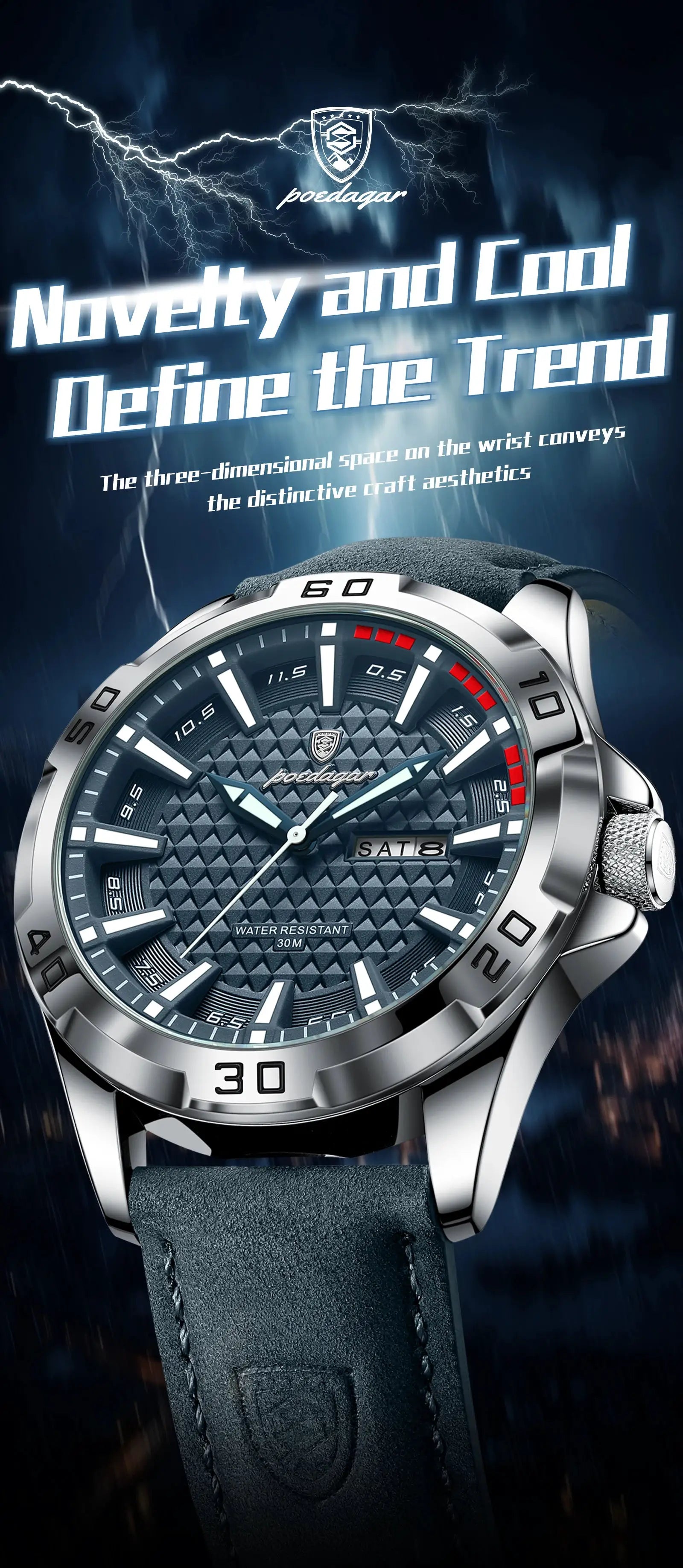 POEDAGAR men's wristwatch with blue dial, blue leather strap, stainless steel case, water resistant 30M.
