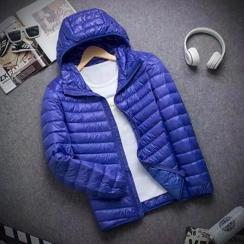 Men's ultralight blue duck-down hooded puffer jacket, Simples Market, size 5XL