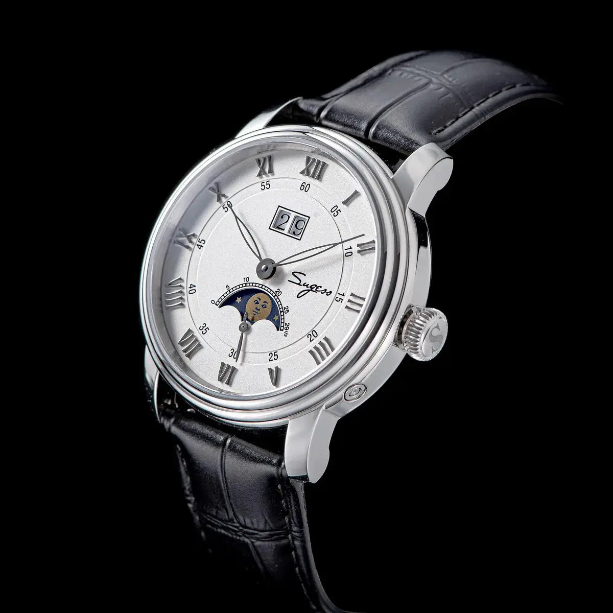 Sugess Moonphase 40mm automatic watch with stainless steel case silver dial moonphase date window black leather strap