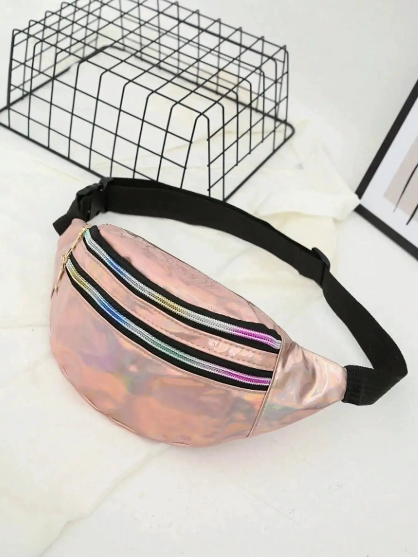 Waist bag holographic pink with black adjustable strap and three zippered pockets