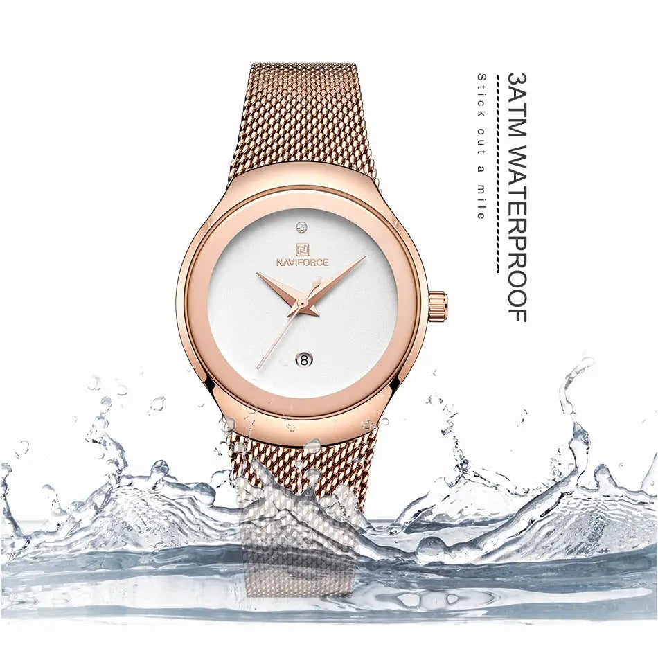 NAVIFORCE women's rose-gold stainless steel mesh watch with white dial, date window, 3ATM water resistant