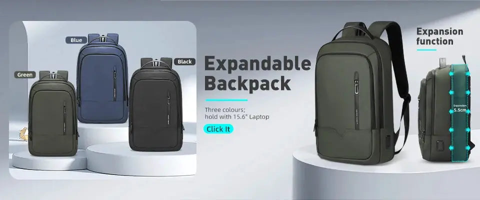 Simples Market HK Slim Backpack for men with 15.6-inch laptop, waterproof USB charging; expandable; green/blue/black.