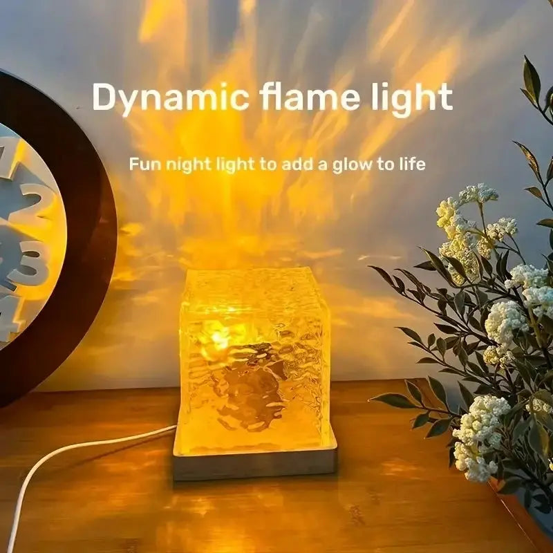 LuminaZen Water Ripple Night Light Dynamic Rotating 3D Crystal Flame Projector With 16 Color Options