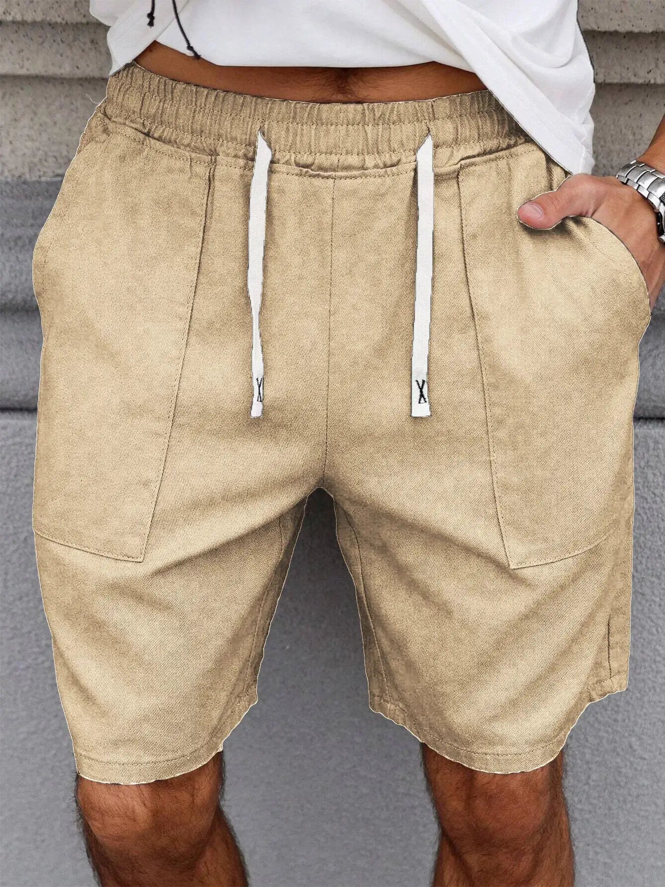 Simples Market men's beige drawstring shorts, mid-length casual shorts with elastic waist and pockets.