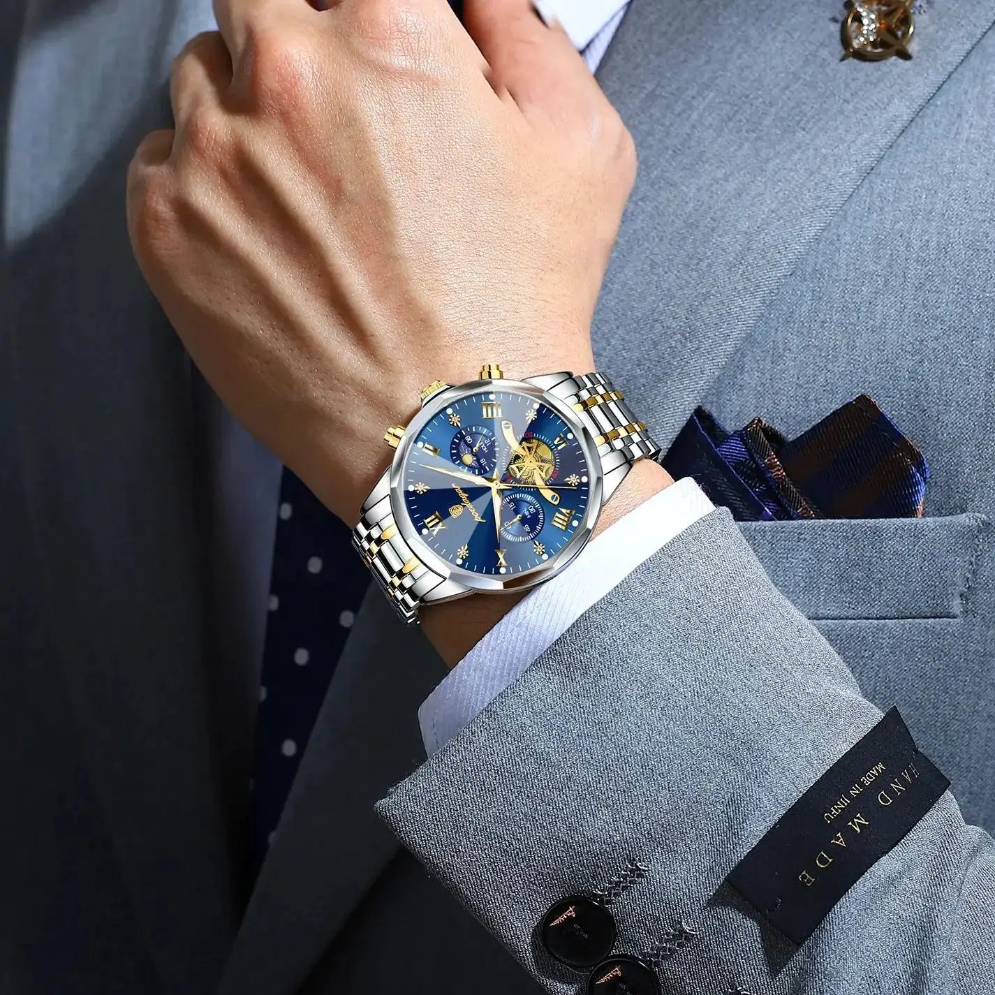 POEDAGAR Exquisite Business Mens Watch Waterproof Luminous Chronograph Luxury Stainless Steel Quartz Wristwatch