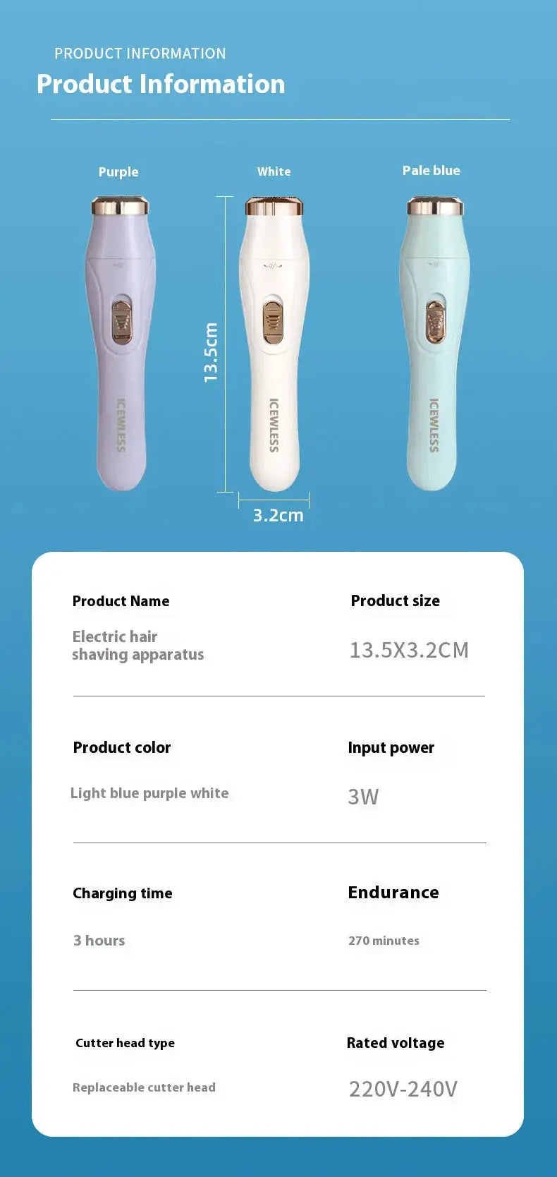 Electric women's hair trimmer set, waterproof 3-color pack in purple white pale blue by Simples Market