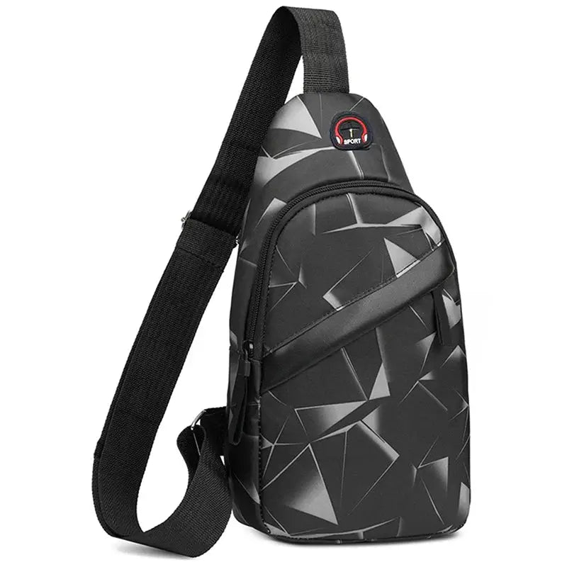 Simples Market Korean chest bag, men's crossbody sling in geometric gray camouflage pattern, Oxford cloth.