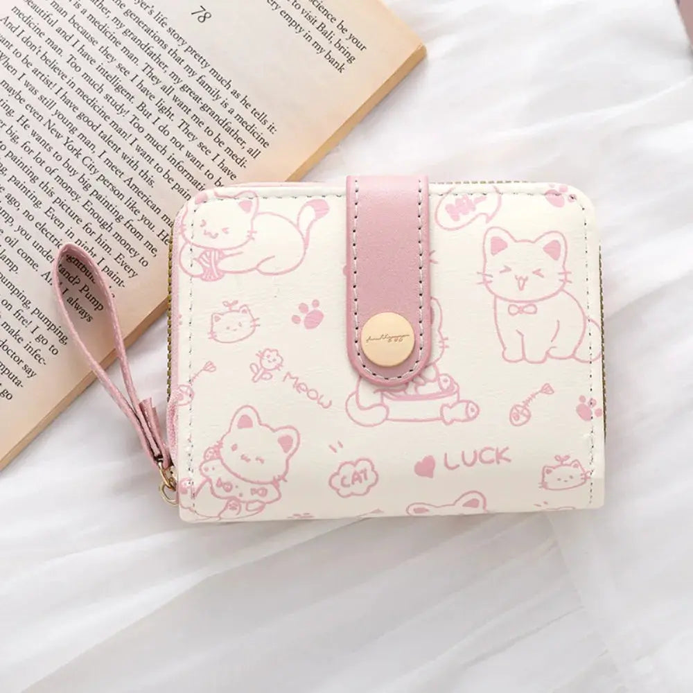 Cat coin purse wallet in PU leather with pink strap and cute cat illustrations