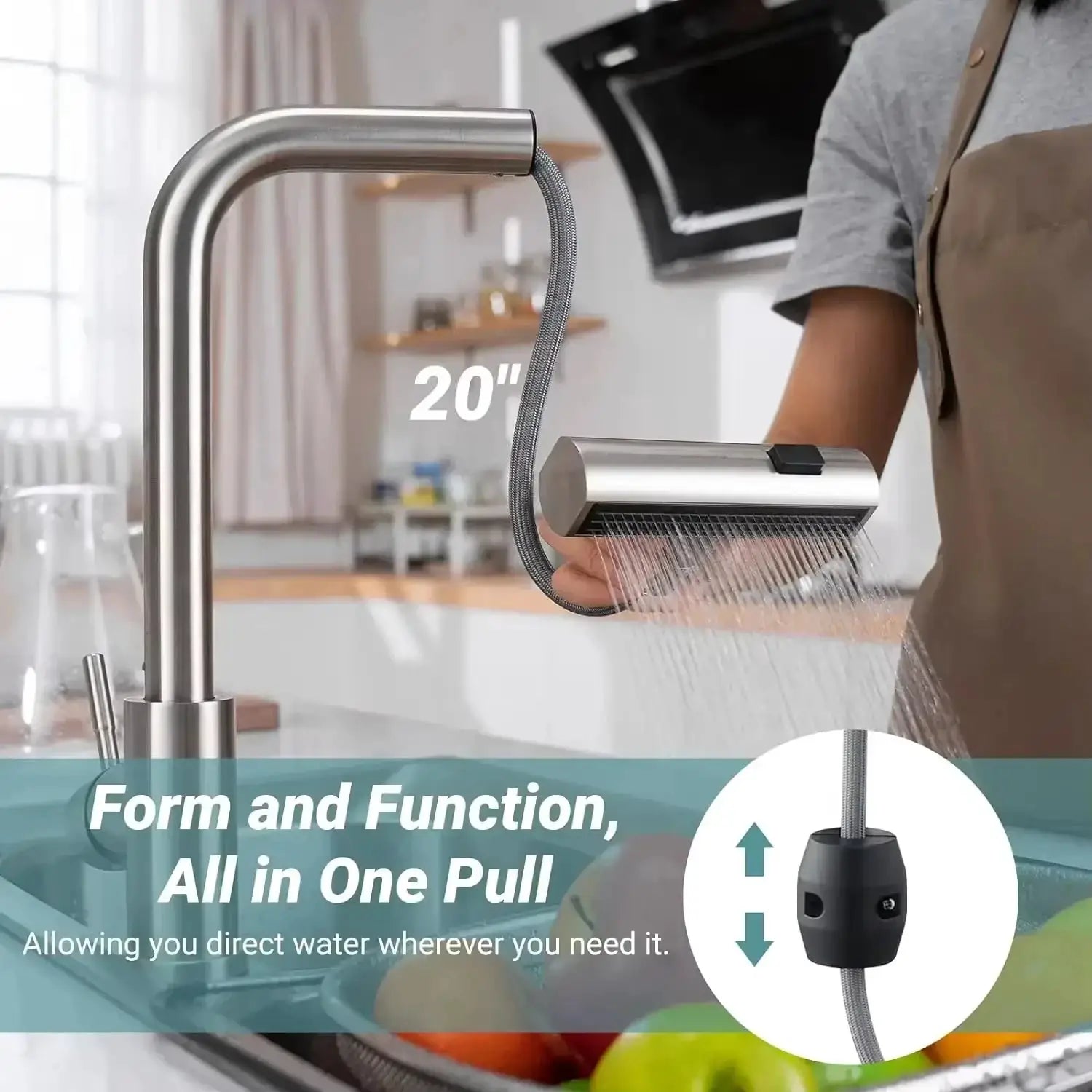 Grey stainless steel pull-out kitchen faucet with flexible hose and spray head, deck-mounted.