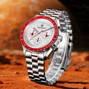 Pagani Design AK Project Mars men's chronograph watch with white dial, red tachymeter bezel, stainless steel bracelet