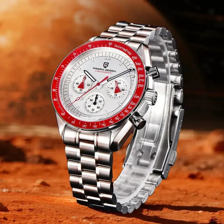 Pagani Design AK Project Mars men's chronograph watch with white dial, red tachymeter bezel, stainless steel bracelet