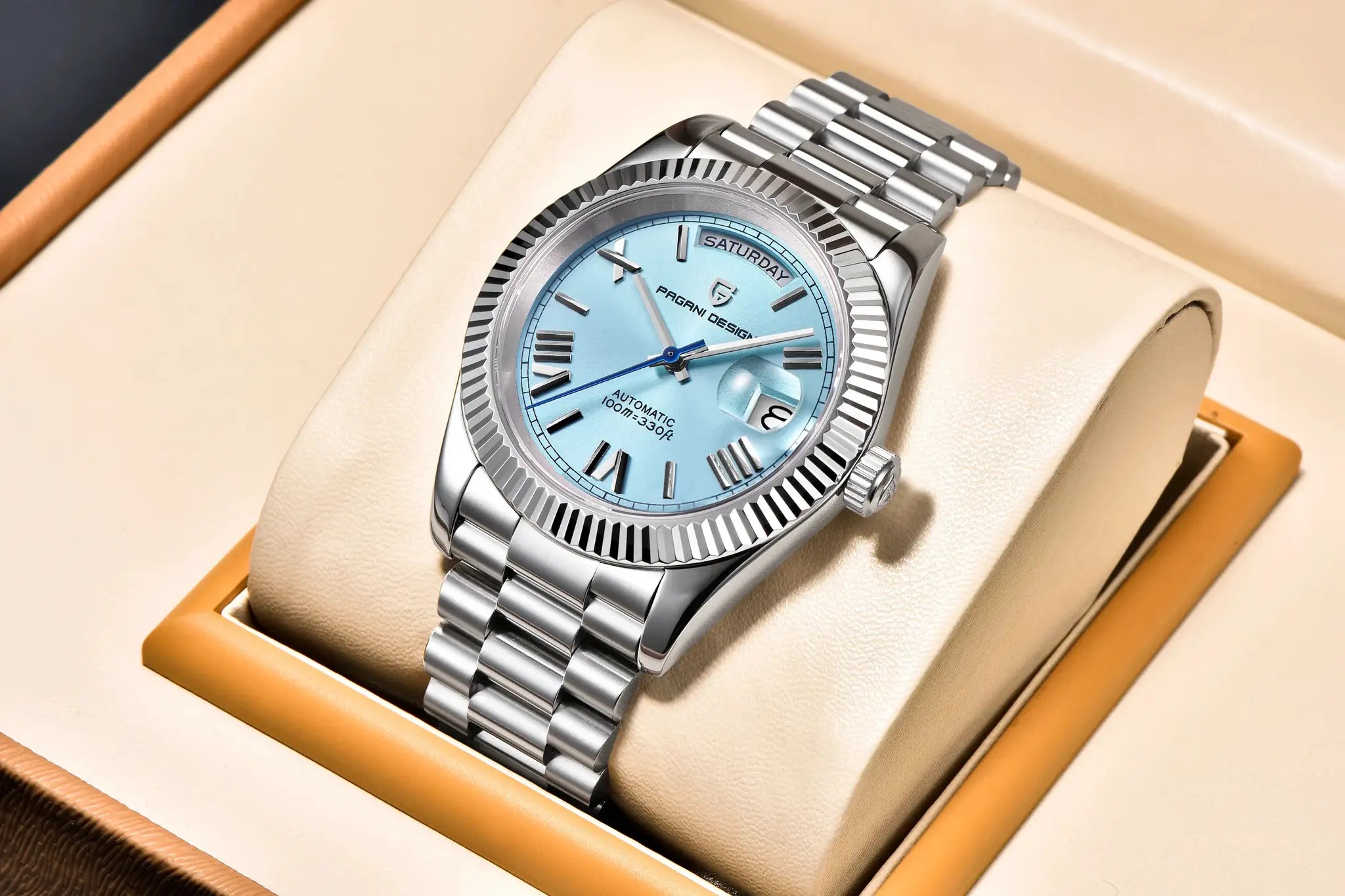 PAGANI DESIGN men's stainless steel automatic watch with light blue dial and day-date window