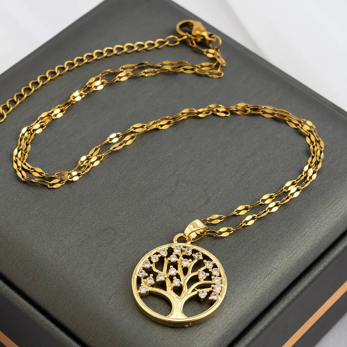 Tree of Life rhinestone pendant necklace, gold-tone stainless steel chain