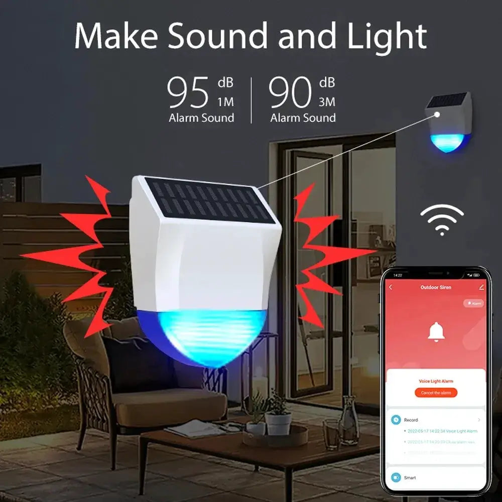 Outdoor solar siren alarm with blue LED beacon, 95dB, mobile app control