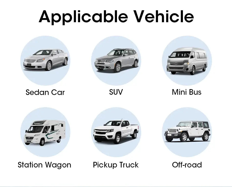 JMCQ USB Android TPMS display system; six vehicle types: sedan, SUV, minibus, station wagon, pickup, off-road.