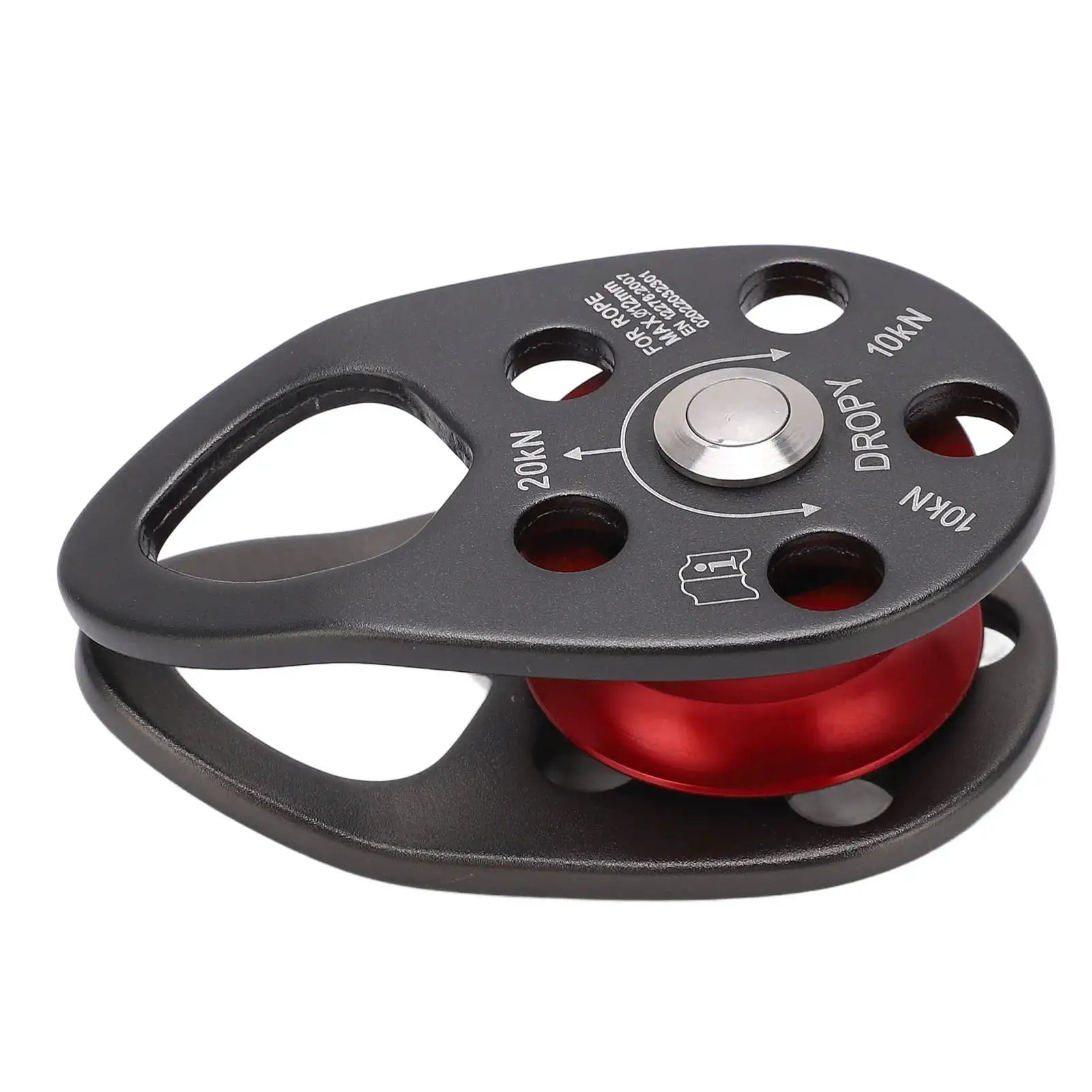Portable climbing pulley with aluminum alloy frame and red wheel; 20 kN load capacity