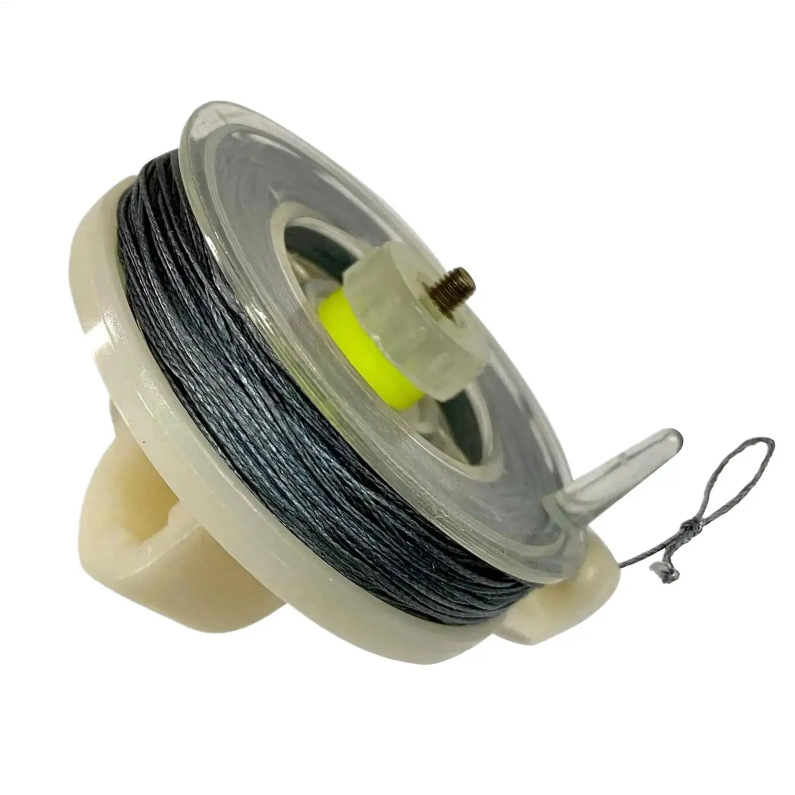 Perimeter alarm trip line spool with weatherproof black line and yellow core for camping