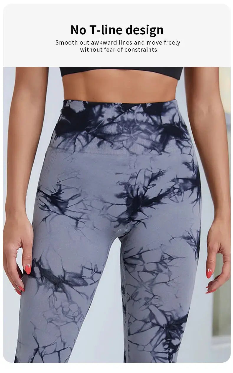 Women's tie-dye nine-tenths leggings, high-waist, grey/black, Simples Market soft stretchy yoga pants