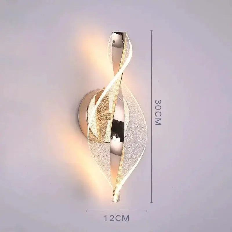 Nordic LED wall lamp by Simples Market; modern acrylic twisted ribbon design with warm white light.