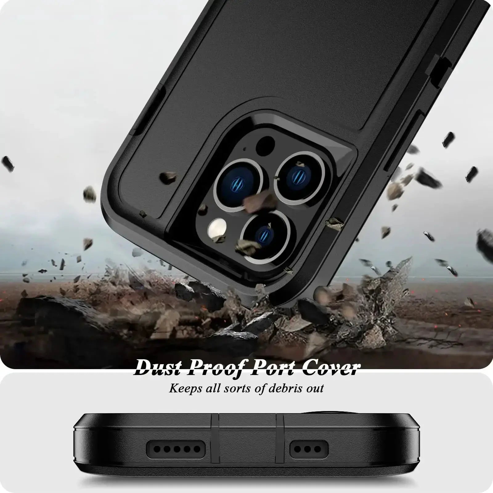 Case for iPhone by Simples Market: rugged black heavy-duty case with kickstand and triple-camera cutout