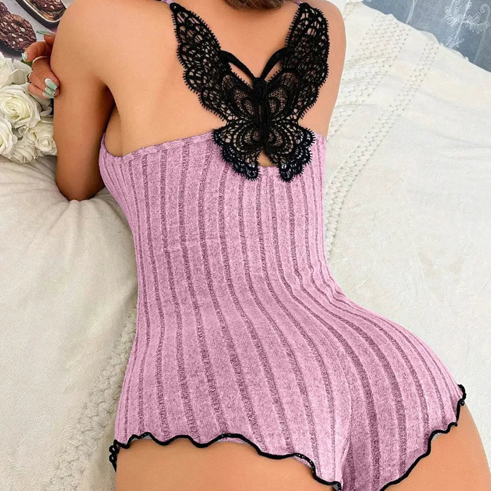 ElegantLuxe Back Butterfly Embroidery Pajamas For Women With Lace Splicing Bodysuit Loungerwear