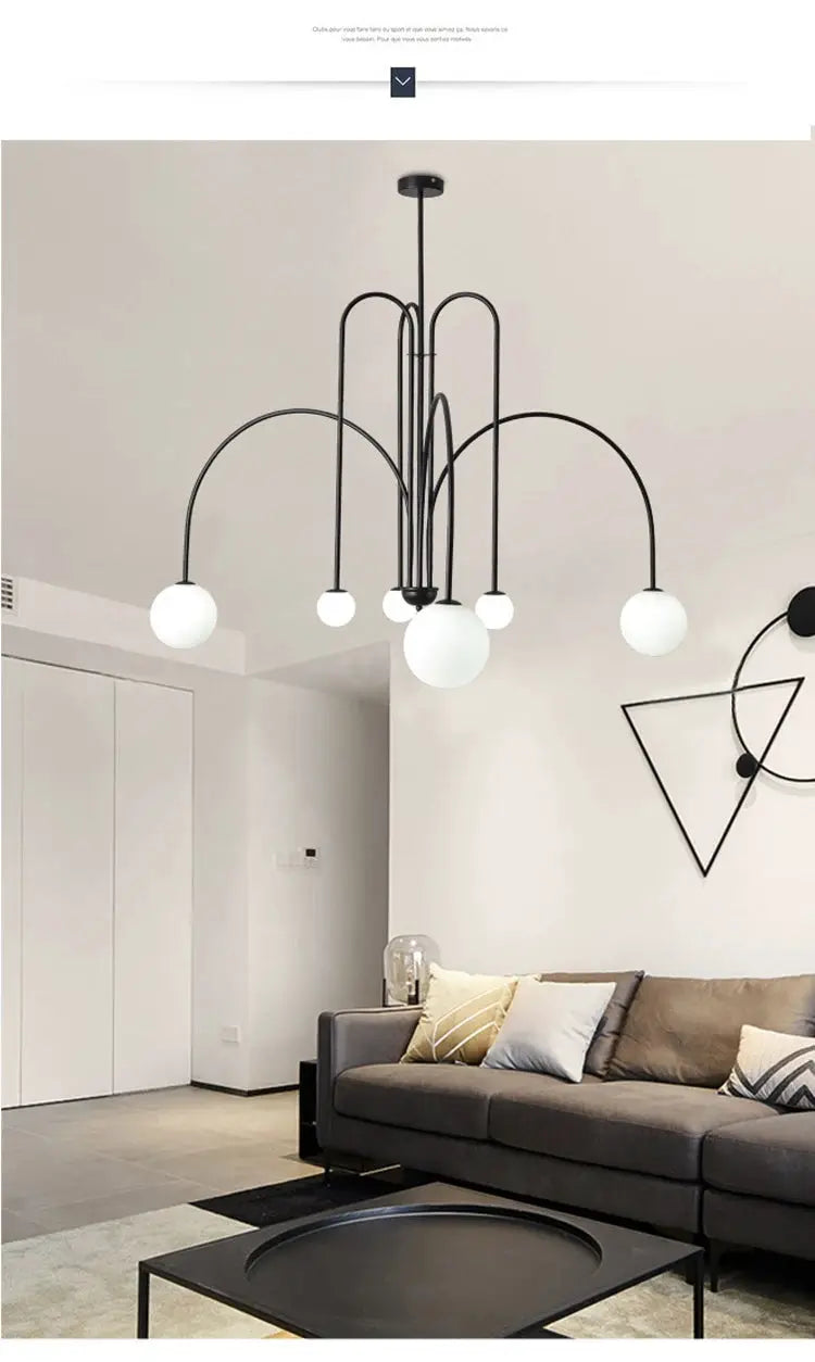 Nordic minimalist pendant light in black metal with white globe bulbs