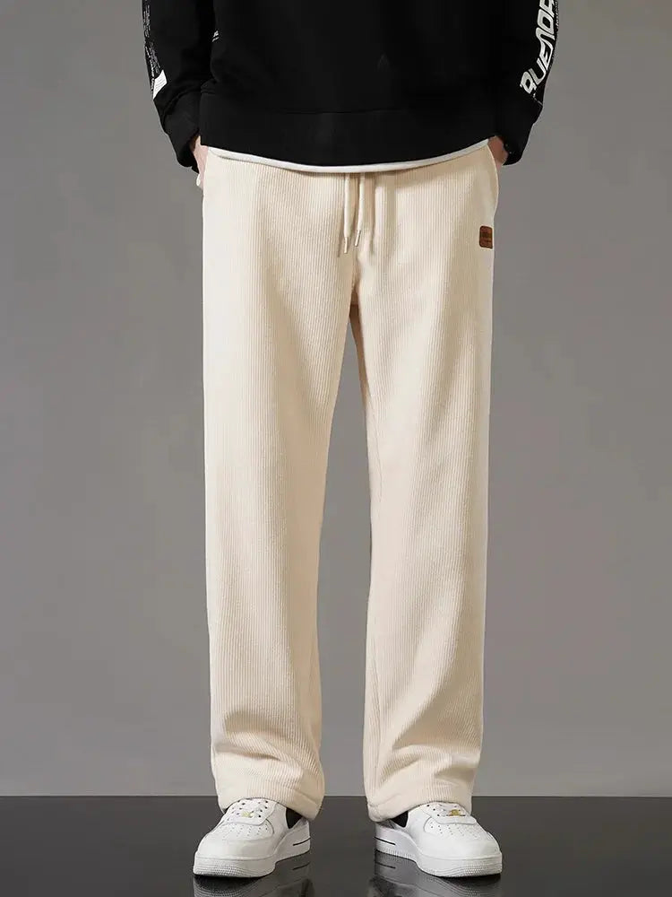 Simples Market men's beige corduroy fleece-lined sweatpants with drawstring waist, straight loose fit