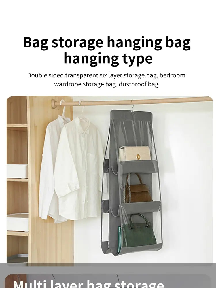 6-pocket hanging handbag organizer for wardrobe, gray waterproof storage bag with clear pockets and hanger.