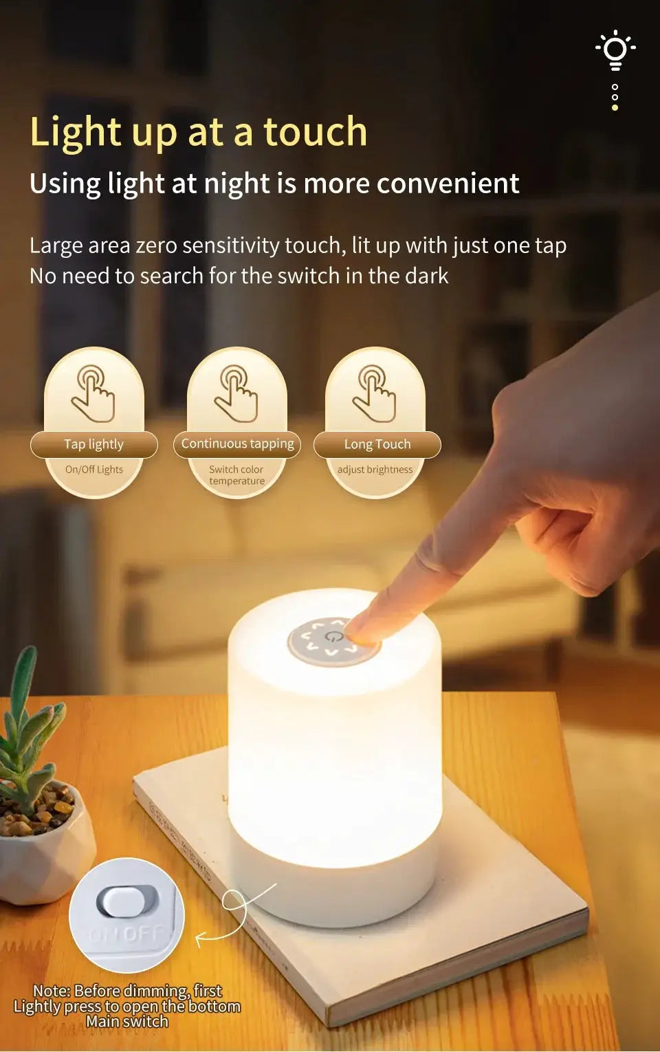 Bedside LED touch night light, white rechargeable cylindrical desk lamp, dimmable.