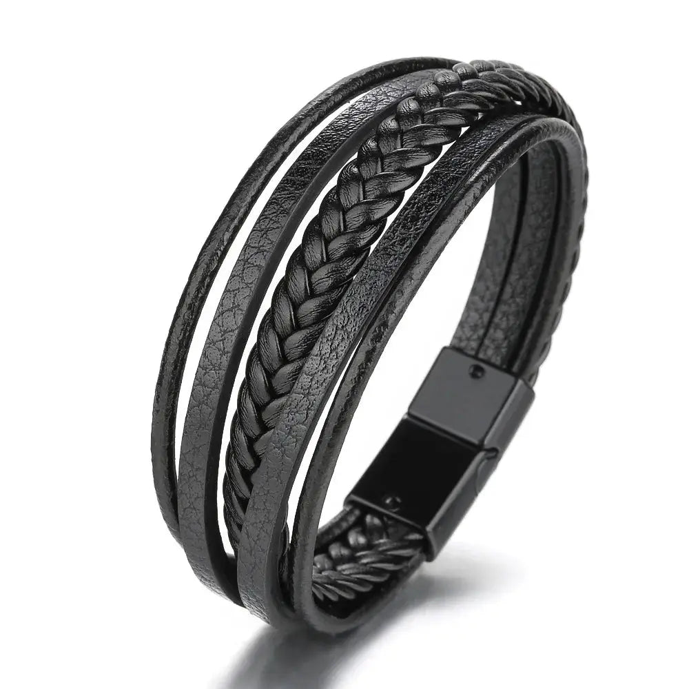 Vintage Multilayer Braided Leather Bracelet For Men Stainless Steel Rope Design Jewelry Gift