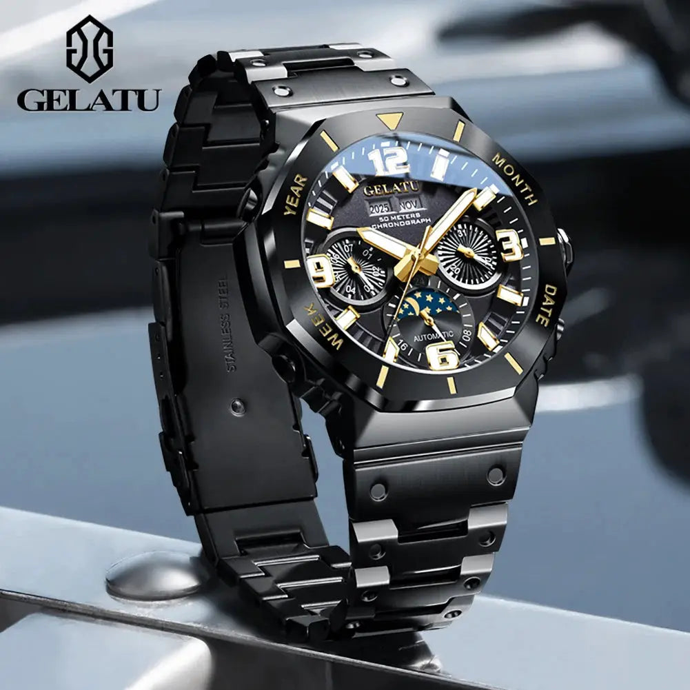 GELATU men's moon-phase diving automatic mechanical wristwatch with black stainless steel bracelet, 50M water resistant