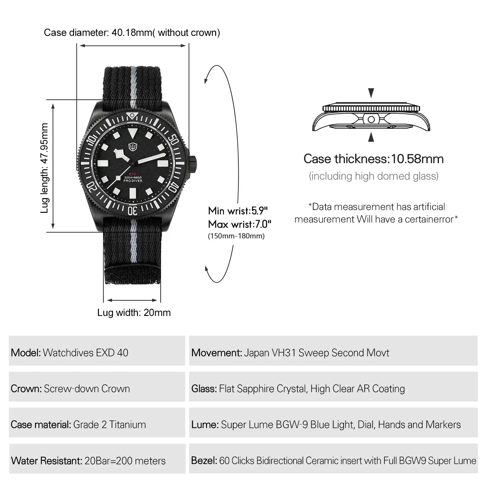 Watchdives EXD 40mm titanium dive watch, Simples Market; black dial, black/gray NATO strap, 200m water resistance, AR sapphire glass