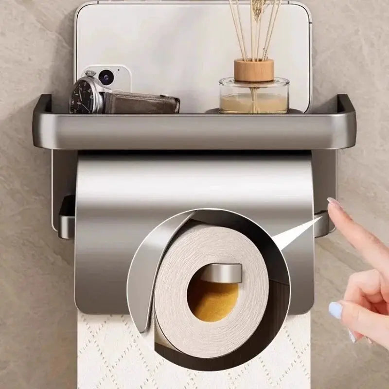 NovaGrip Self Adhesive Toilet Paper Holder With Shelf Wall Mount No Drilling Aluminum Alloy Bathroom Organizer
