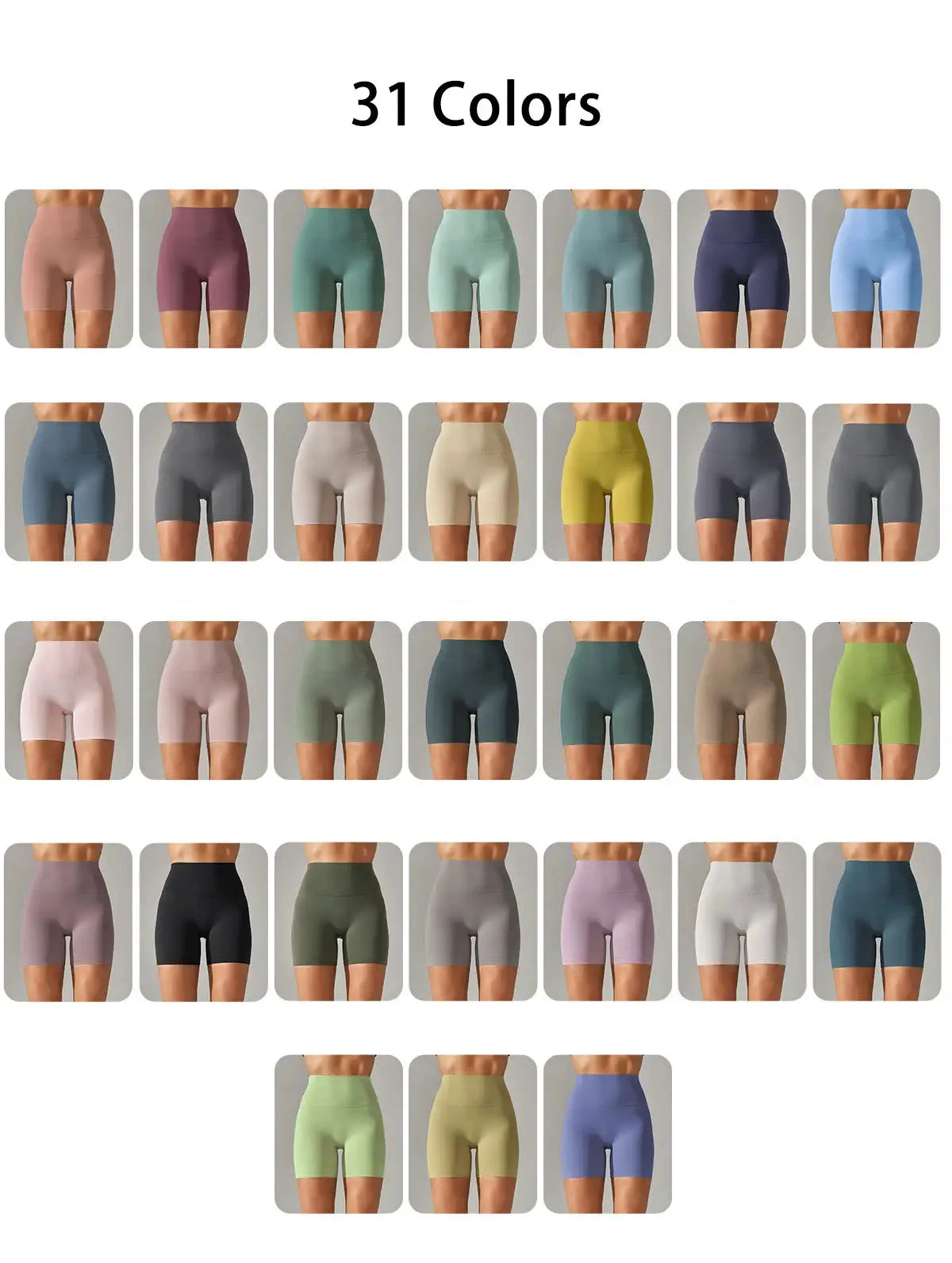 Women’s high-waist sports shorts, squat-proof and quick-dry fabric, available in 31 colors.
