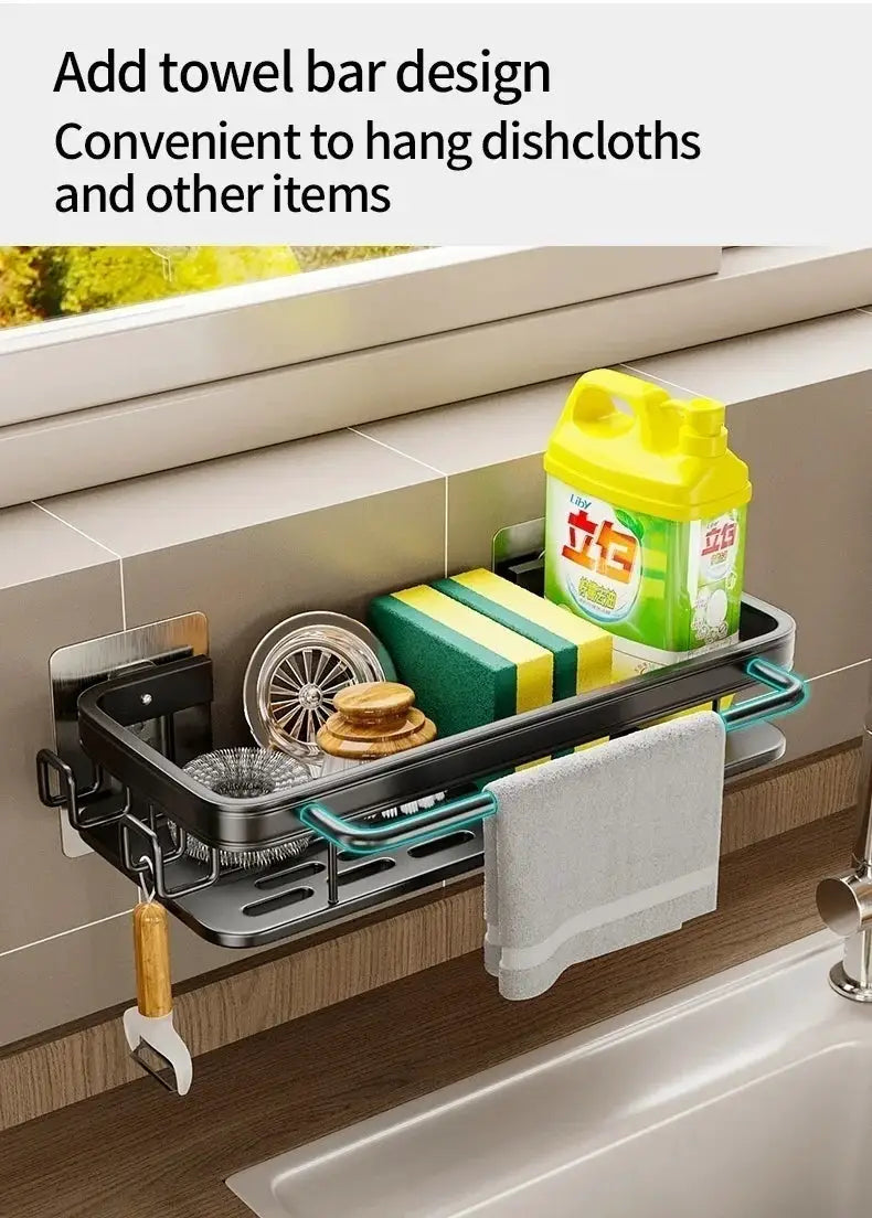 Multi-functional kitchen shelf and drying rack by Simples Market, with mop holder, holds sponge and Liby bottle