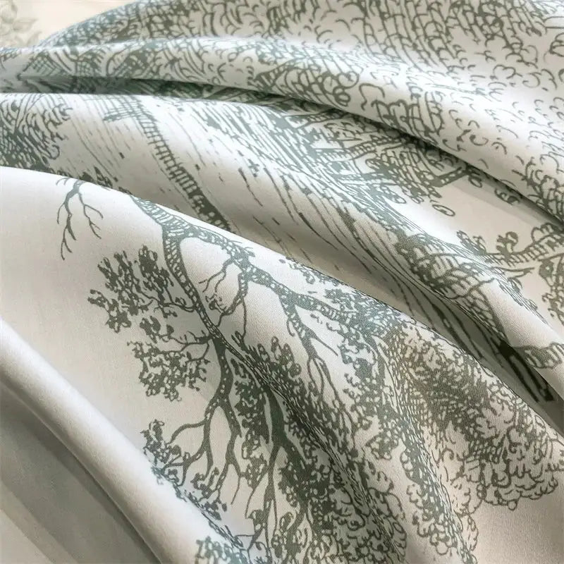 Simples Market eucalyptus Lyocell bedding set with gray forest plant print; duvet cover, sheets, and pillowcases