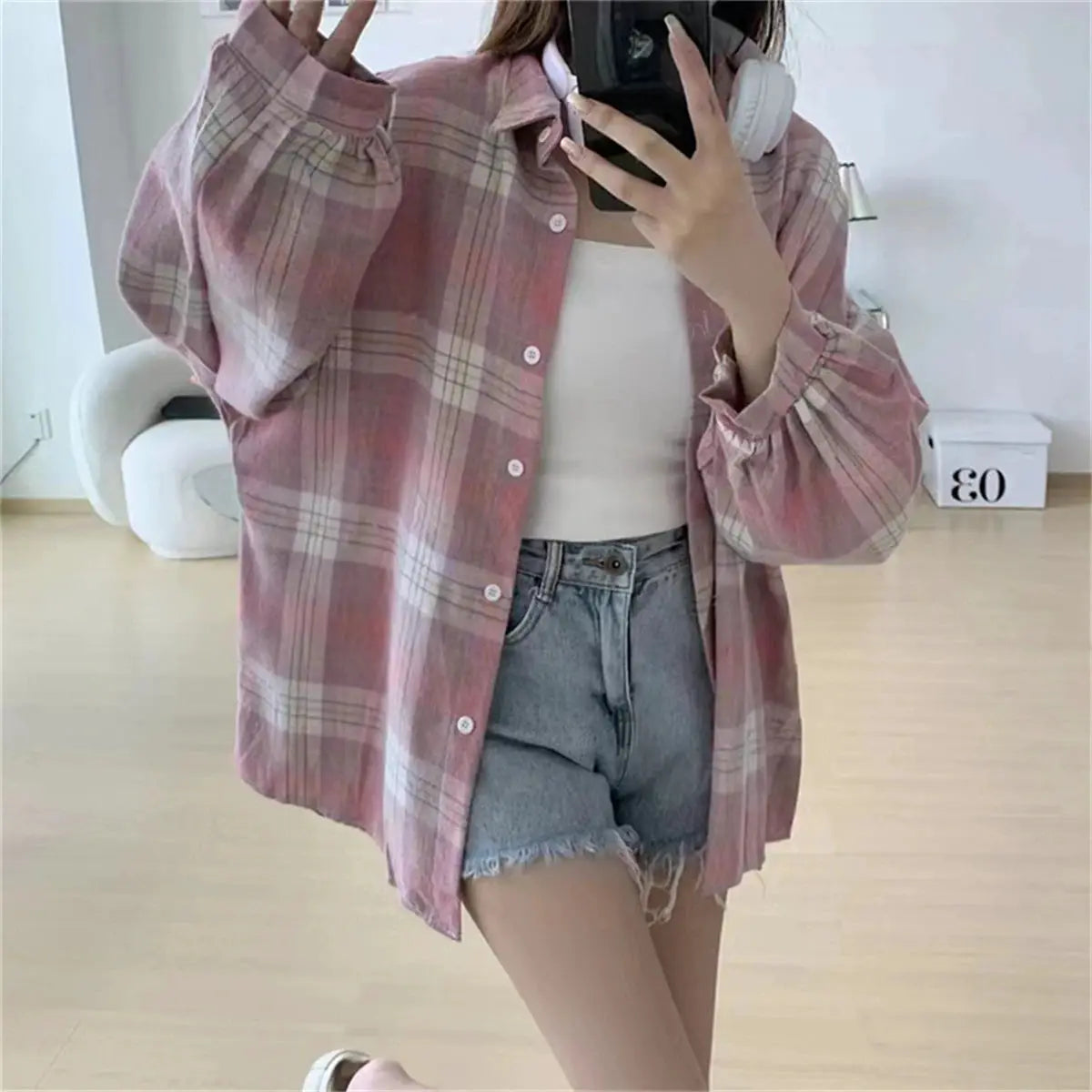 Korean-style pink plaid blouse for women, oversized puff sleeves, button-front.