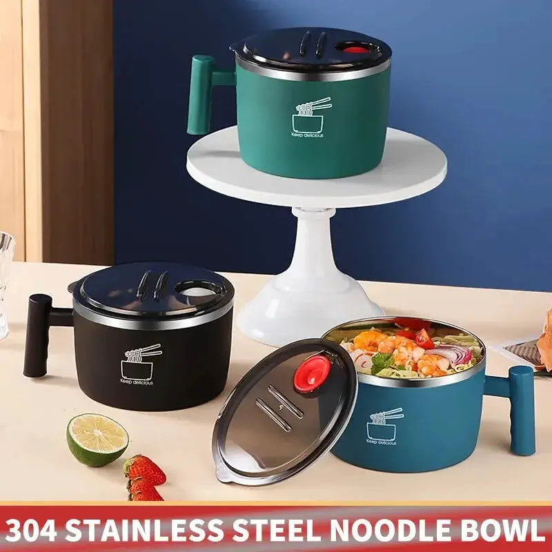 Stainless Steel Noodle Bowl With Lid Sealed Portable Drain Bowl