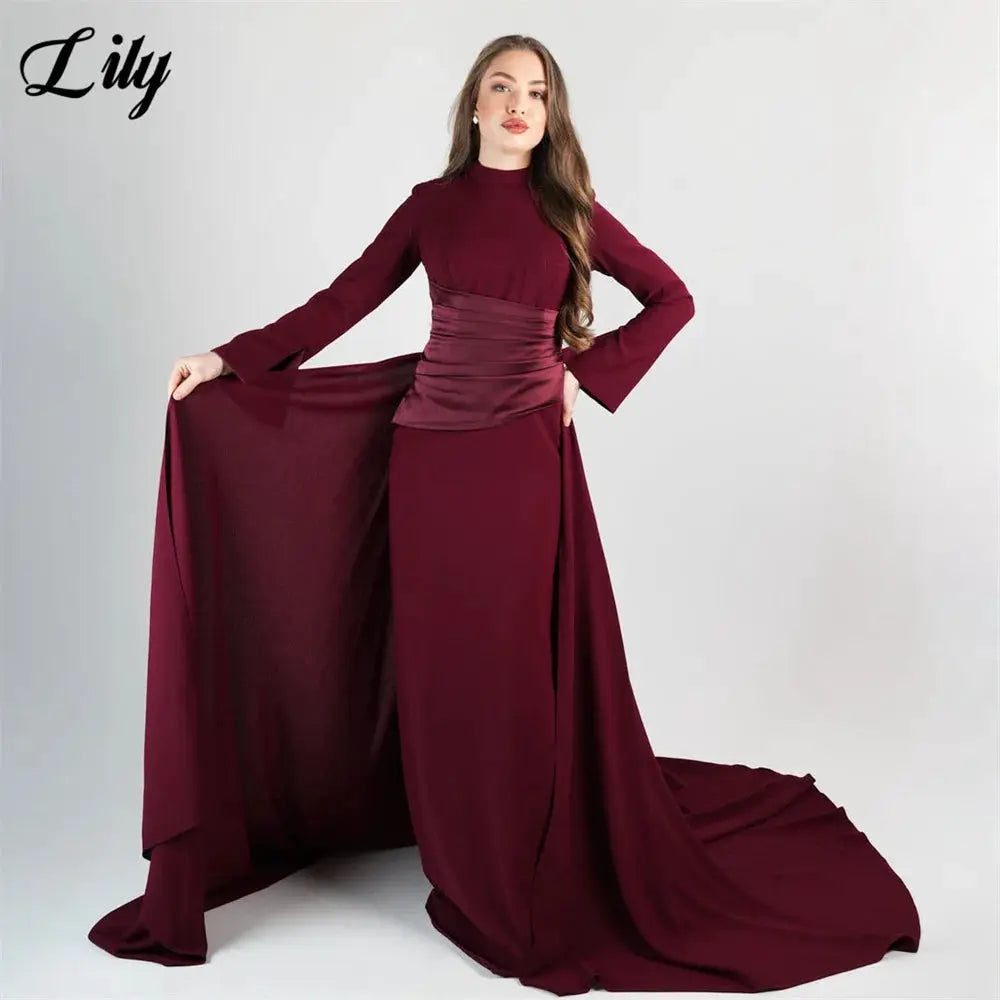 Lily Burgundy Satin Mermaid Prom Dress With High Neck Sleeves Dubai