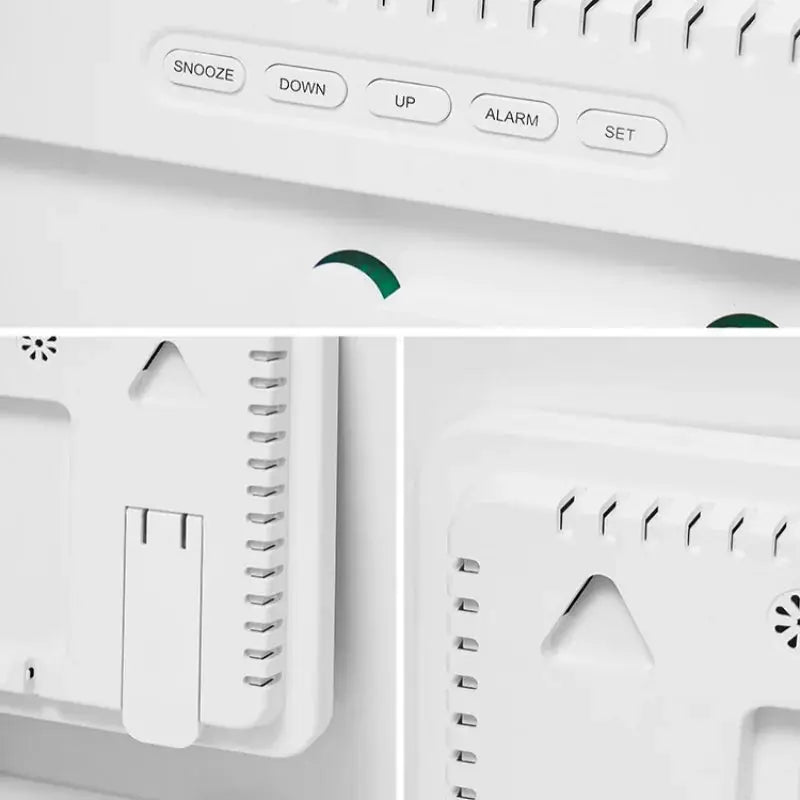 White large digital clock back panel with Snooze, Down, Up, Alarm, Set buttons.