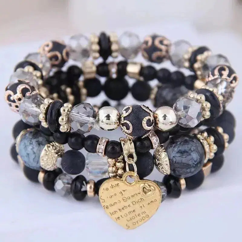 4 Piece Boho Strand Bracelet Set For Women With Crystal Beads Heart Charms And Letter Accents