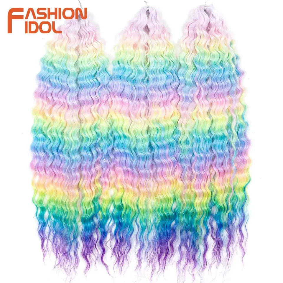 Ariel Hair Synthetic Twist Crochet Curly 24in water-wave braiding hair, ombre rainbow multi, 3 bundles, Simples Market
