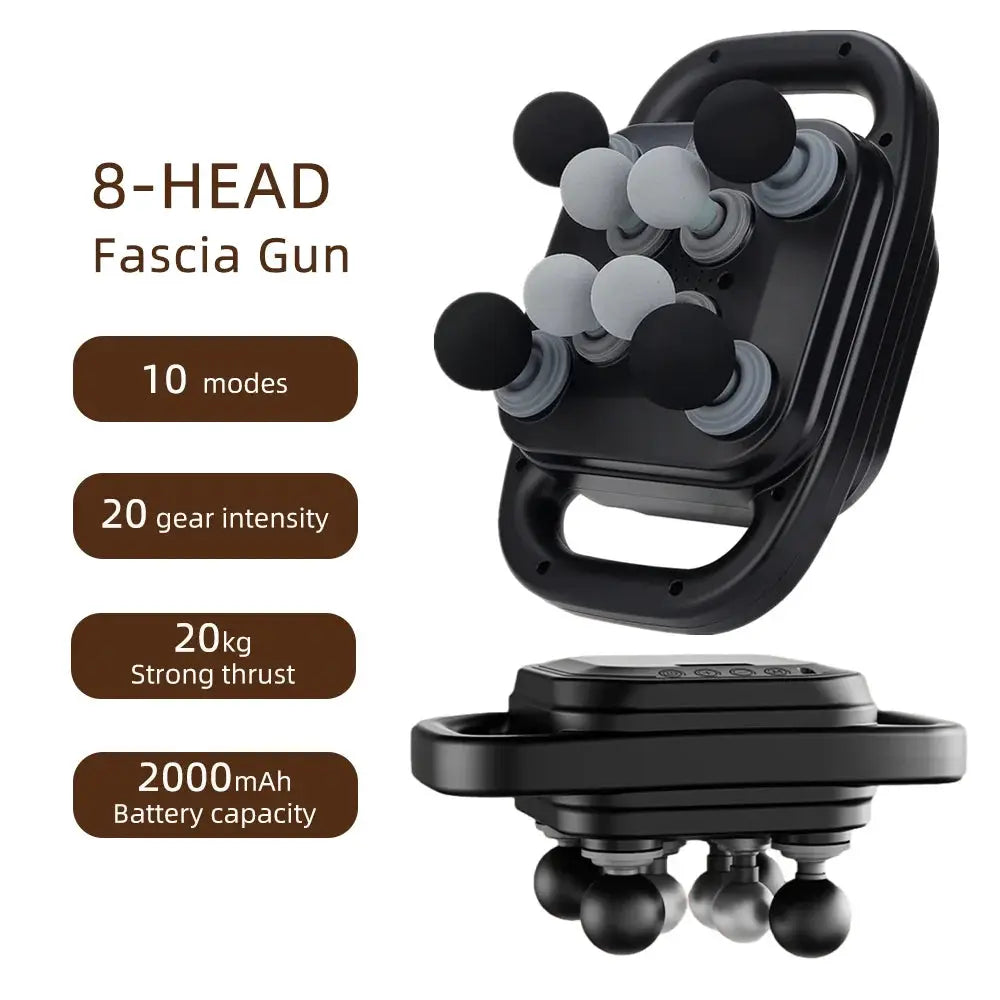 8-Head Fascia Gun massage device in black with multiple attachment heads for back, neck and shoulders