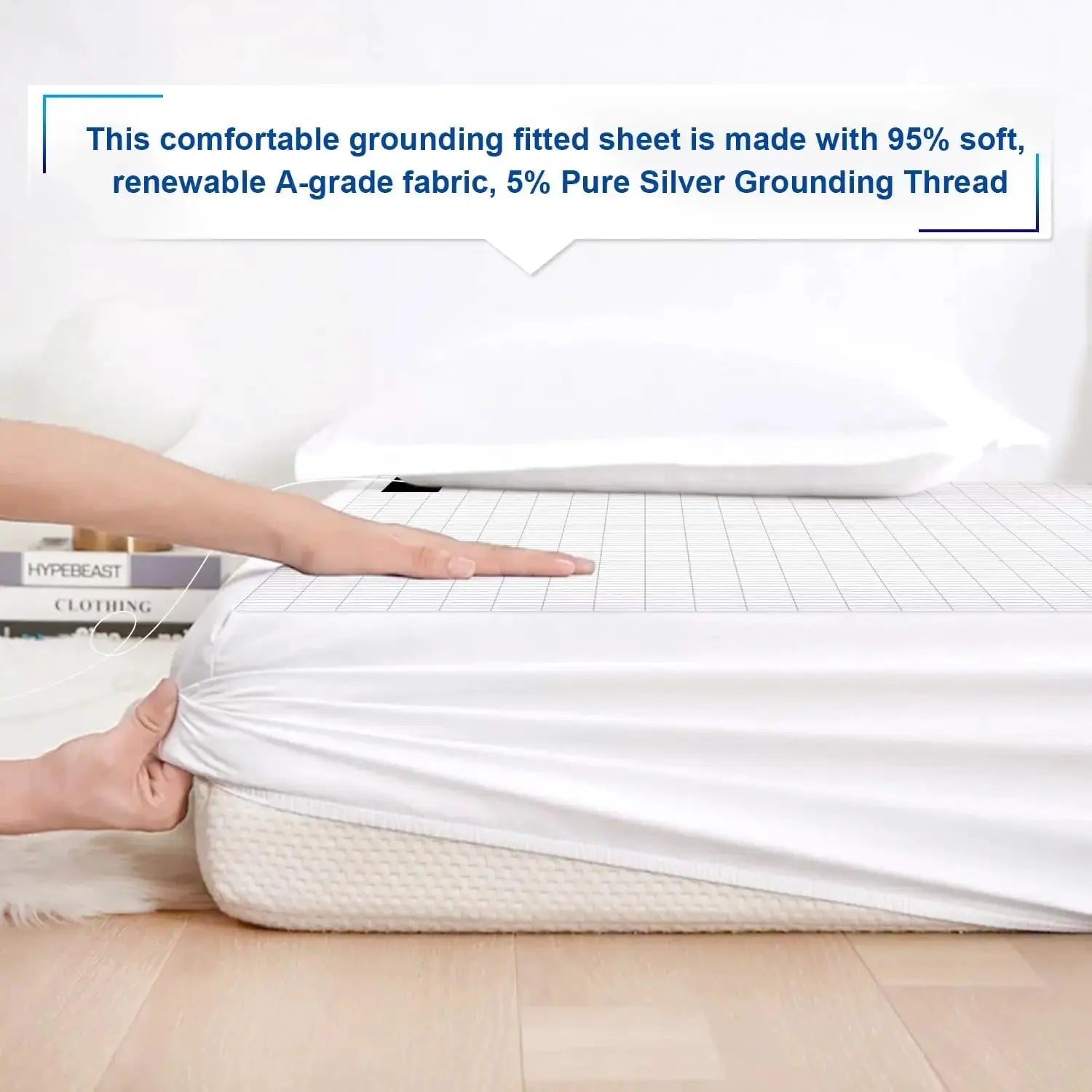 MAXSHARER earthing fitted sheet, organic cotton with conductive silver fiber, white, by Simples Market