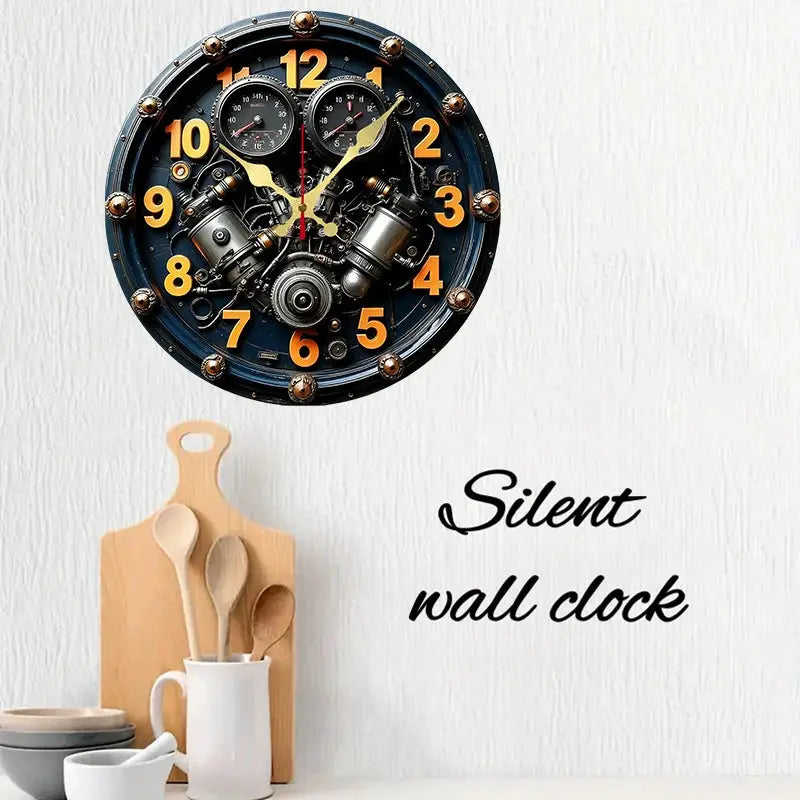 Round engine-style wooden wall clock with orange numerals and blue rim