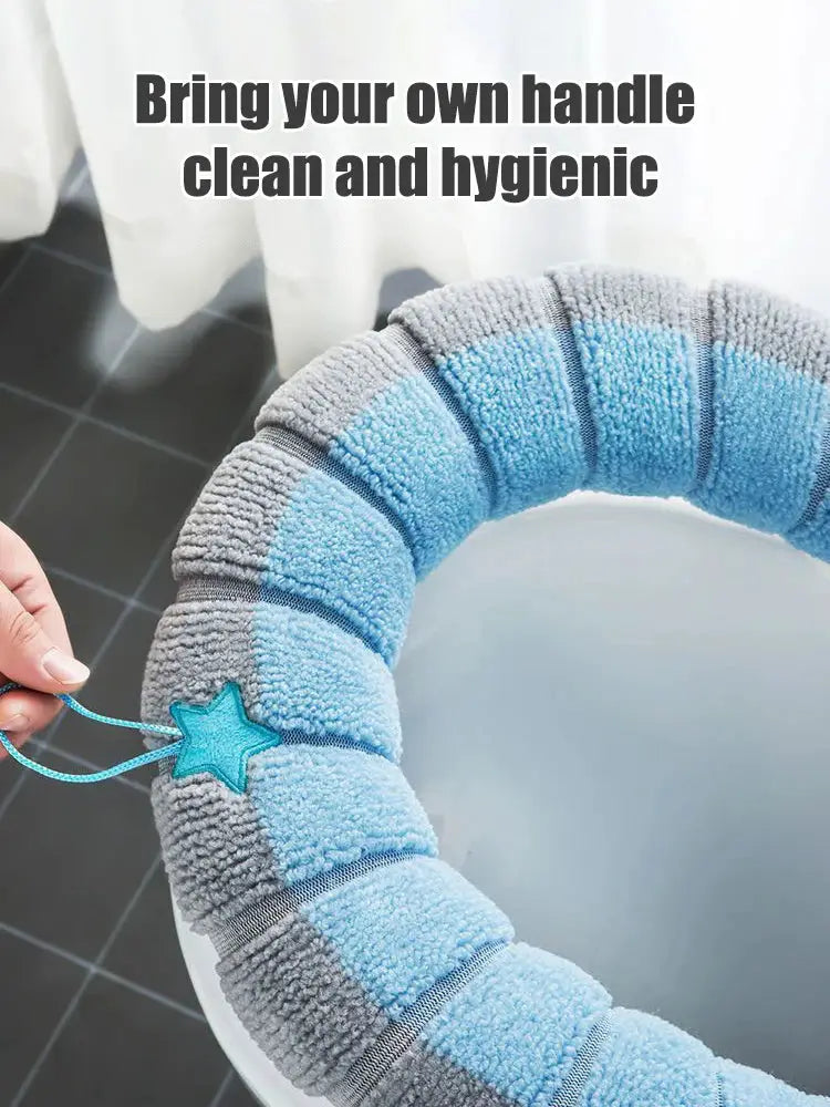 Toilet seat warmer cover, plush blue-gray striped ring with blue star patch
