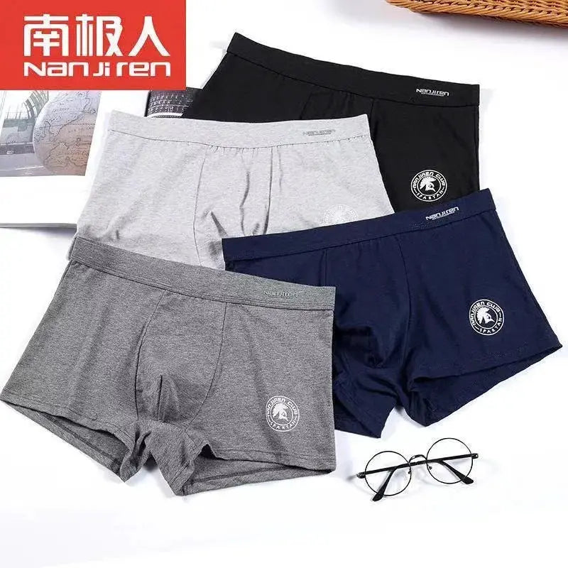 Plus Size men's cotton boxer shorts, 4-pack with Nanji Ren logo, in gray, light gray, navy, and black.