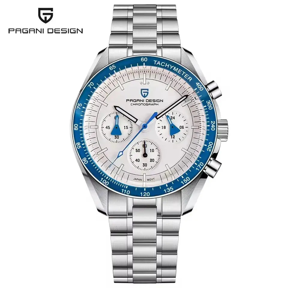 Pagani Design 500 speedometer chronograph watch with blue tachymeter bezel, white dial, stainless steel bracelet