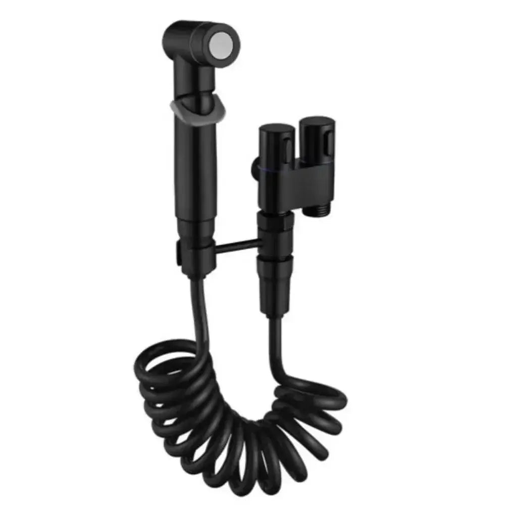 Toilet bidet spray set, black handheld with coiled hose and wall-mount valve.